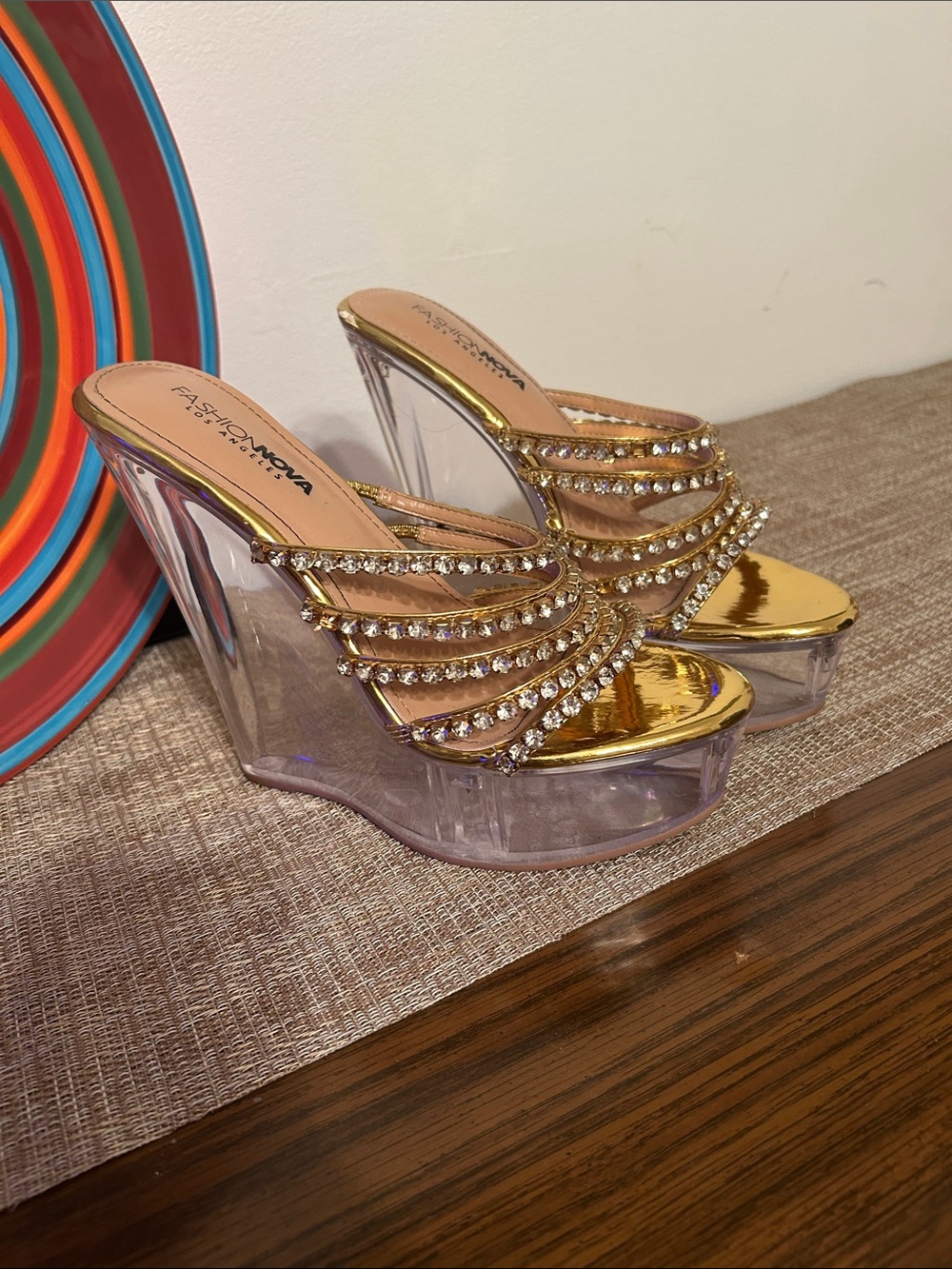 Fashion Nova Gold Crystal Embellished Clear Wedge Slides Worn Once